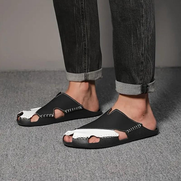 Maryam’s Essential Luxury Men Hand Crafted Synthetic Black & White Leather with Rubber Sole Slip-on Sandals