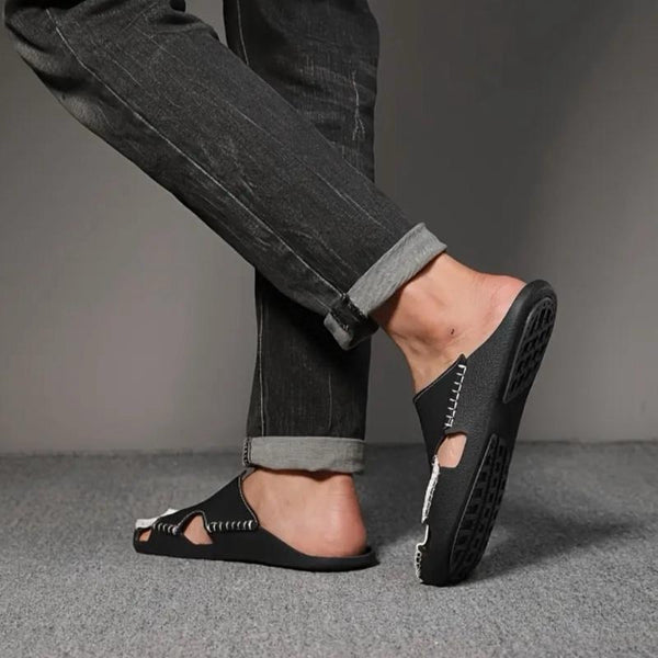 Maryam’s Essential Luxury Men Hand Crafted Synthetic Black & White Leather with Rubber Sole Slip-on Sandals