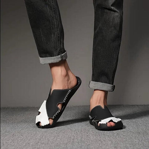Maryam’s Essential Luxury Men Hand Crafted Synthetic Black & White Leather with Rubber Sole Slip-on Sandals