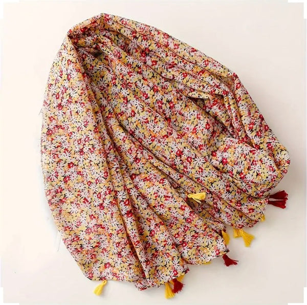 Maryam's Essential Flower Printed Cotton Viscose Tassels Hijab