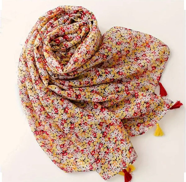 Maryam's Essential Flower Printed Cotton Viscose Tassels Hijab