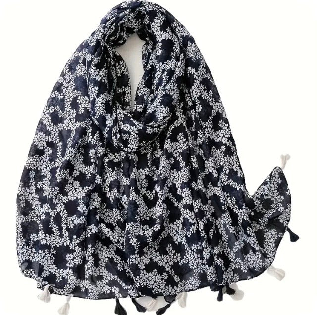 Maryam's Essential Flower Printed Cotton Viscose Tassels Hijab