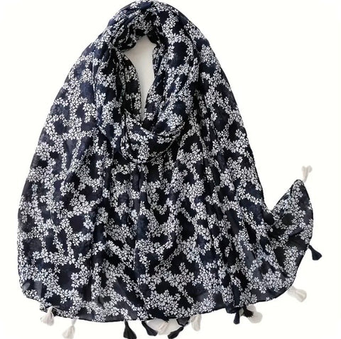 Maryam's Essential Flower Printed Cotton Viscose Tassels Hijab