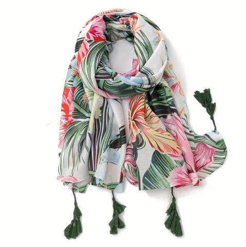 Maryam's Essential Floral Printed Cotton Viscose Tassels Hijab