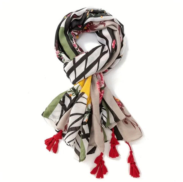 Maryam's Essential Flower Printed Cotton Viscose Tassels Hijab
