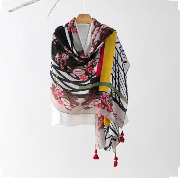 Maryam's Essential Flower Printed Cotton Viscose Tassels Hijab