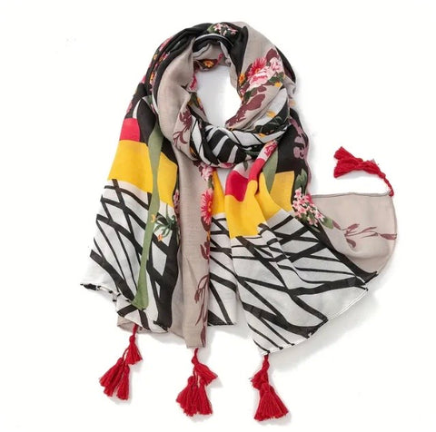 Maryam's Essential Flower Printed Cotton Viscose Tassels Hijab
