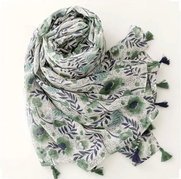 Maryam's Essential Floral Printed Cotton Viscose Tassels Hijab