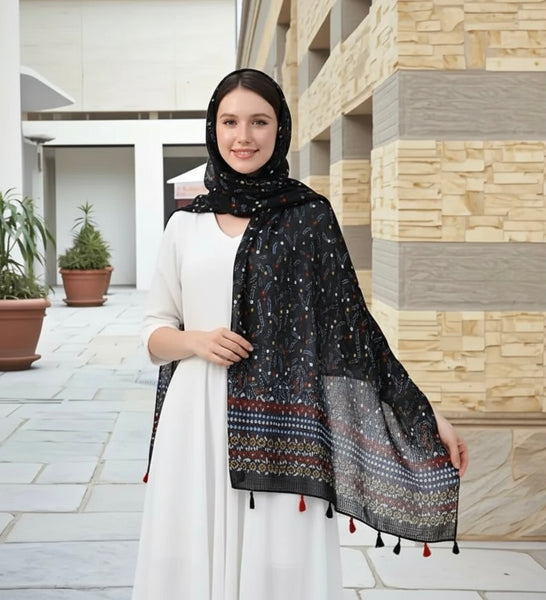 Maryam's Essential Printed Cotton Viscose Tassels Hijab Scarf