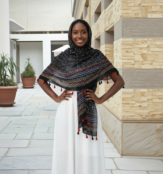 Maryam's Essential Printed Cotton Viscose Tassels Hijab Scarf