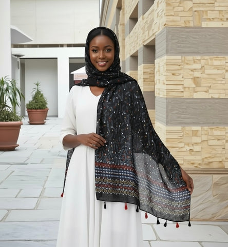 Maryam's Essential Printed Cotton Viscose Tassels Hijab Scarf