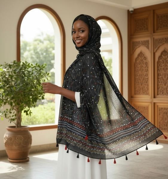 Maryam's Essential Printed Cotton Viscose Tassels Hijab Scarf