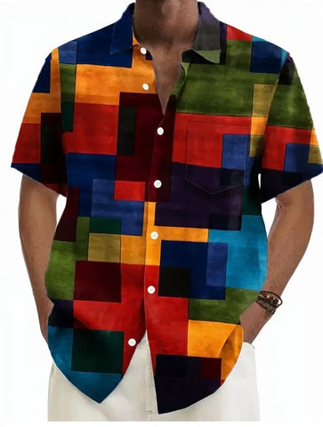 Maryam’s Essential Colour Block Pattern Men’s Short Sleeves Button Down Shirt