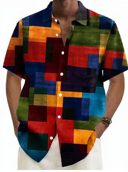 Maryam’s Essential Colour Block Pattern Men’s Short Sleeves Button Down Shirt