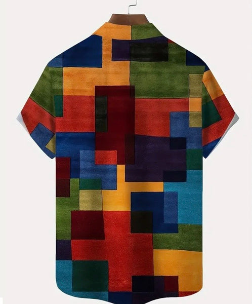 Maryam’s Essential Colour Block Pattern Men’s Short Sleeves Button Down Shirt