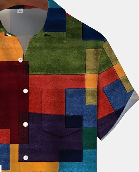 Maryam’s Essential Colour Block Pattern Men’s Short Sleeves Button Down Shirt