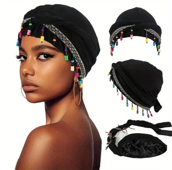 Maryam’s Essential Turban Head Wrap Beanie with Fringe Beads & Silk Satin Lining