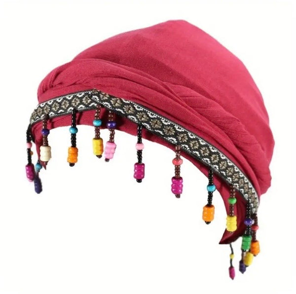 Maryam’s Essential Turban Head Wrap Beanie with Fringe Beads & Silk Satin Lining