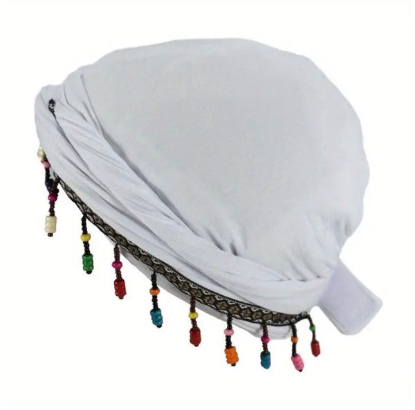 Maryam’s Essential Turban Head Wrap Beanie with Fringe Beads & Silk Satin Lining