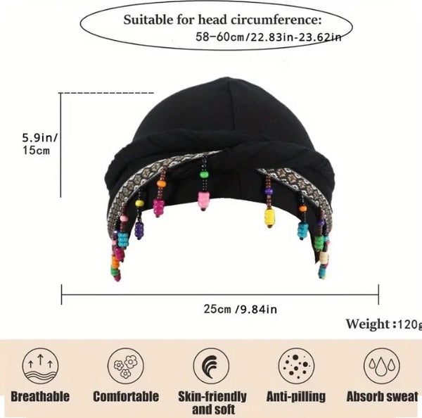 Maryam’s Essential Turban Head Wrap Beanie with Fringe Beads & Silk Satin Lining