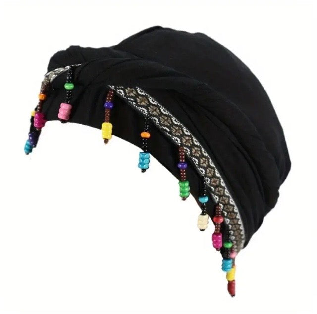 Maryam’s Essential Turban Head Wrap Beanie with Fringe Beads & Silk Satin Lining