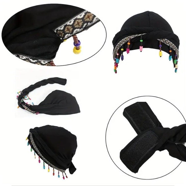 Maryam’s Essential Turban Head Wrap Beanie with Fringe Beads & Silk Satin Lining