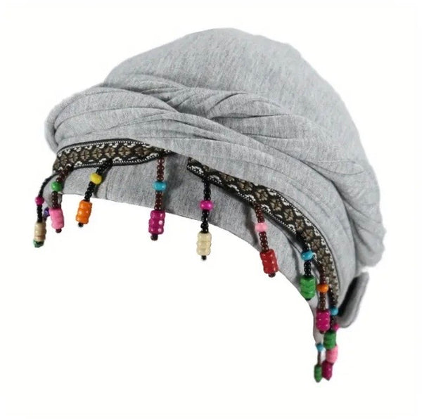 Maryam’s Essential Turban Head Wrap Beanie with Fringe Beads & Silk Satin Lining