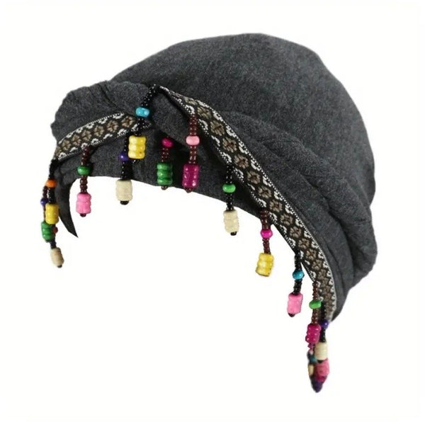 Maryam’s Essential Turban Head Wrap Beanie with Fringe Beads & Silk Satin Lining