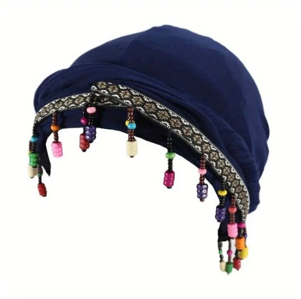 Maryam’s Essential Turban Head Wrap Beanie with Fringe Beads & Silk Satin Lining