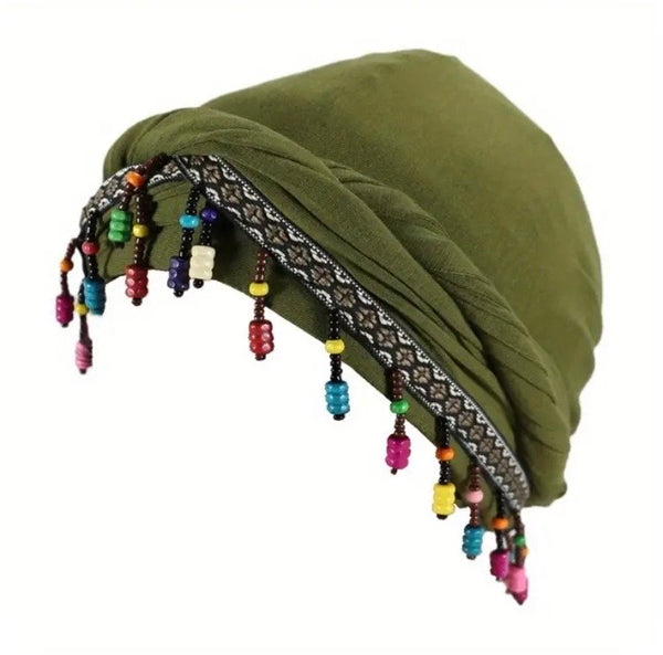 Maryam’s Essential Turban Head Wrap Beanie with Fringe Beads & Silk Satin Lining