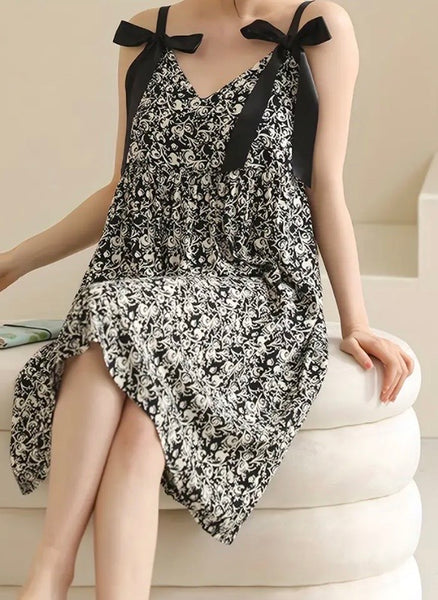 Maryam’s Essential Printed With Bow Sleeves Ruffle Pattern Knee Length Slip Nightdress