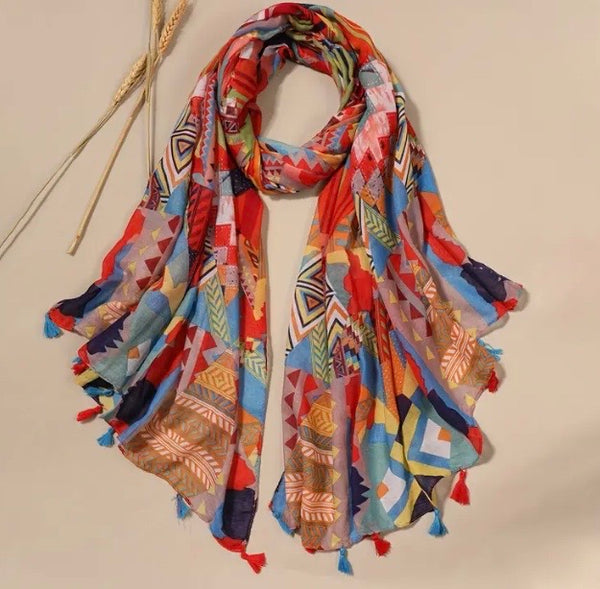 Maryam's Essential Printed Cotton Viscose Tassels Scarf/Hijab