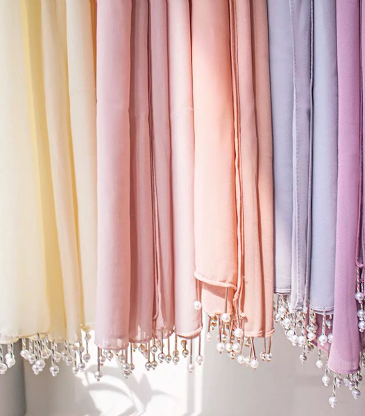 Maryam's Diamond Style Plain Chiffon with Tassels Pearls Hijab