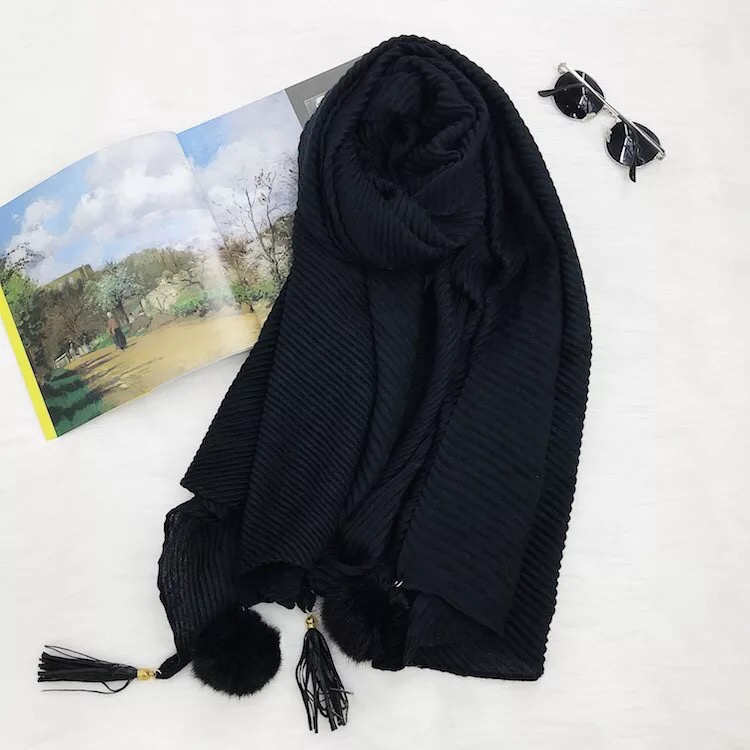Maryam's Diamond Style Latest Cotton Viscose Pleated Crinkle with Pom Pom Hijab