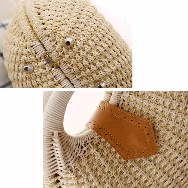 Maryam's Diamond Style Designer Bali Rattan Straw Round Woven Summer Beach Bag