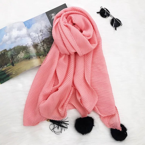 Maryam's Diamond Style Latest Cotton Viscose Pleated Crinkle with Pom Pom Hijab