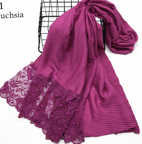 Maryam's Diamond Style Plain Cotton Viscose Lace Edge Wrinkle with Pearls Hijab