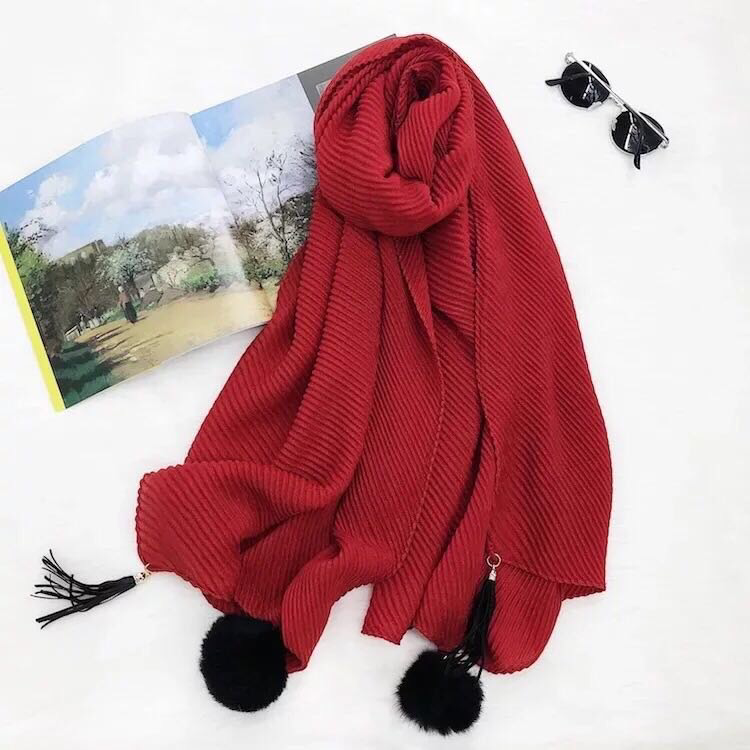 Maryam's Diamond Style Latest Cotton Viscose Pleated Crinkle with Pom Pom Hijab