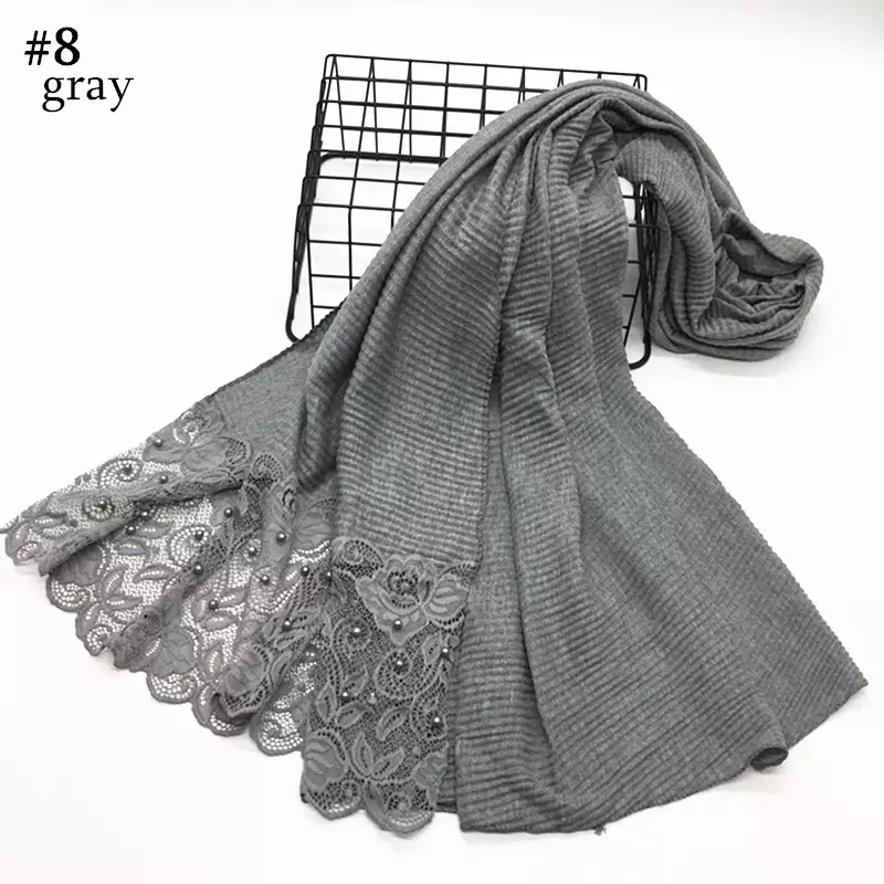 Maryam's Diamond Style Plain Cotton Viscose Lace Edge Wrinkle with Pearls Hijab