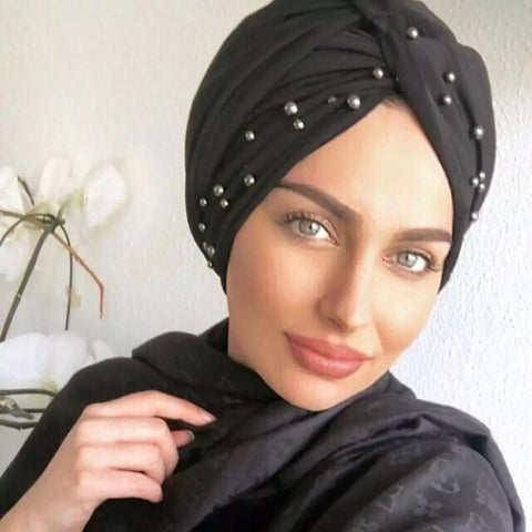 Maryam's Diamond Style Pearls Suede Turban Wrap/Cap