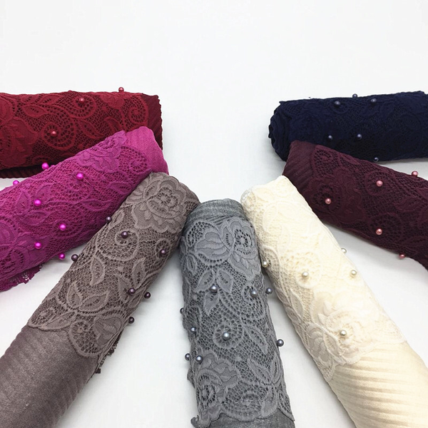 Maryam's Diamond Style Plain Cotton Viscose Lace Edge Wrinkle with Pearls Hijab