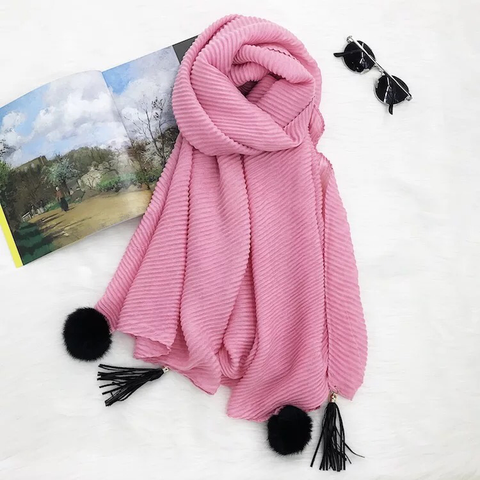 Maryam's Diamond Style Latest Cotton Viscose Pleated Crinkle with Pom Pom Hijab