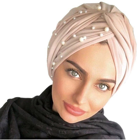 Maryam's Diamond Style Pearls Suede Turban Wrap/Cap