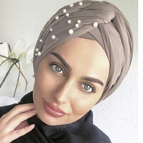 Maryam's Diamond Style Pearls Suede Turban Wrap/Cap