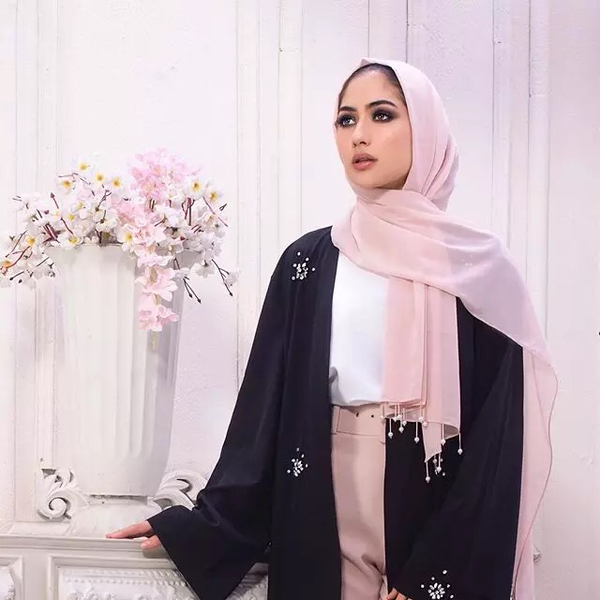 Maryam's Diamond Style Plain Chiffon with Tassels Pearls Hijab