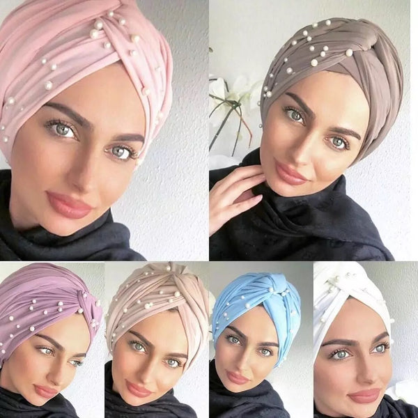 Maryam's Diamond Style Pearls Suede Turban Wrap/Cap