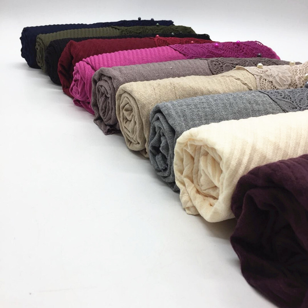 Maryam's Diamond Style Plain Cotton Viscose Lace Edge Wrinkle with Pearls Hijab