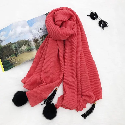 Maryam's Diamond Style Latest Cotton Viscose Pleated Crinkle with Pom Pom Hijab