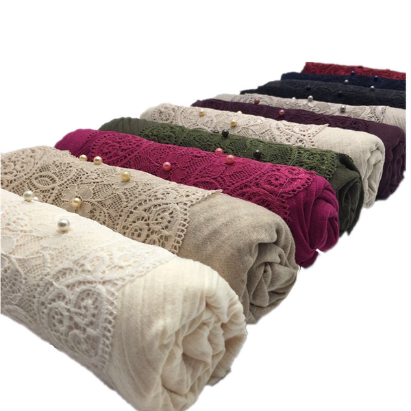 Maryam's Diamond Style Plain Cotton Viscose Lace Edge Wrinkle with Pearls Hijab